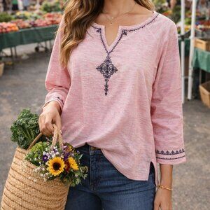 NWOT PENDLETON Embroidered and Micro Stripe Popover Blouse Tunic